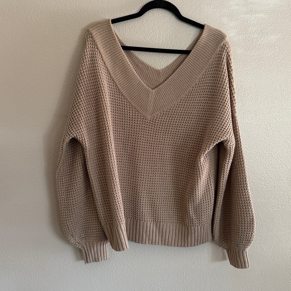 Zenana Sweater Womens M Beige V-Neck Chunky Knit Slouchy Oversized Cozy Neutral